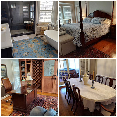 Four-room collage: modern bathroom, traditional bedroom, wood office with wine racks, and formal dining room with tablecloth.