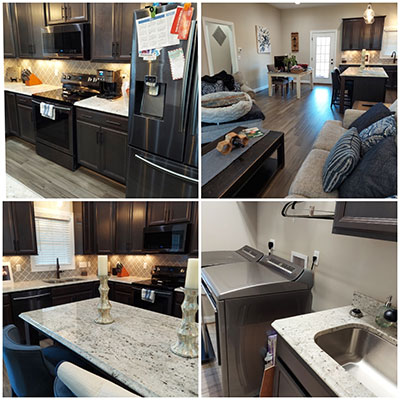 Collage of a modern home interior featuring a kitchen, living room, dining area, and laundry room.