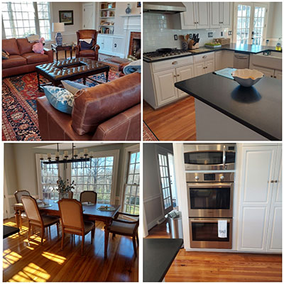 Four photos show a living room, a kitchen, a dining area, and a wall oven in a sunlit home with wood floors.